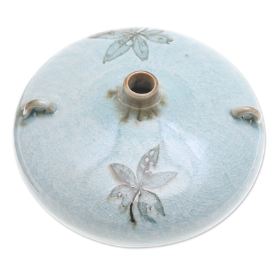 Jarrón de ceramica - Jarrón de cerámica con estampado de hojas azules hecho a mano en Tailandia