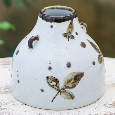 Jarrón de cerámica, 'Glorious Fall' - Jarrón de cerámica hecho a mano con patrón de hojas marrones