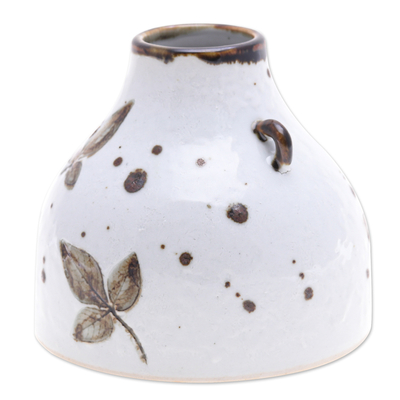 Jarrón de cerámica, 'Glorious Fall' - Jarrón de cerámica hecho a mano con patrón de hojas marrones