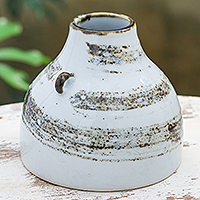 Ceramic vase, 'Zen Paths' - Handmade White and Brown Ceramic Vase with Dragonfly Motifs