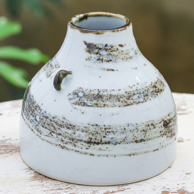 Jarrón de ceramica - Jarrón de cerámica blanca y marrón hecho a mano con motivos de libélulas