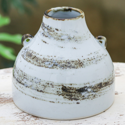 Jarrón de ceramica - Jarrón de cerámica blanca y marrón hecho a mano con motivos de libélulas