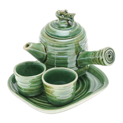 Ceramic tea set, 'Cozy Fins' - Fish-Themed Green Ceramic Tea Set with Two Cups and a Tray