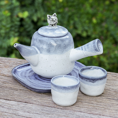 Juego de té de cerámica - Juego de té de cerámica azul con temática de gato con dos tazas y una bandeja
