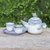 Ceramic tea set, 'Cozy Meows' - Cat-Themed Blue Ceramic Tea Set with Two Cups and a Tray