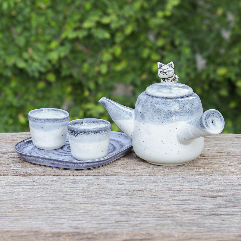Cat-Themed Blue Ceramic Tea Set with Two Cups and a Tray - Cozy Meows ...