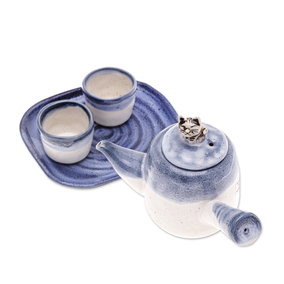 Ceramic tea set, 'Cozy Meows' - Cat-Themed Blue Ceramic Tea Set with Two Cups and a Tray