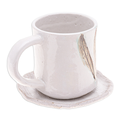 Ceramic mug and saucer, 'Lovely Leaves' - Handcrafted Leaf-Themed Ceramic Mug and Saucer Set