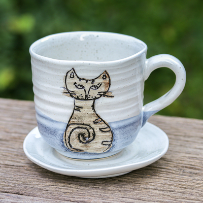 Taza y platillo de cerámica - Juego de Taza y Platillo de Cerámica Artesanal con Motivo de Gato
