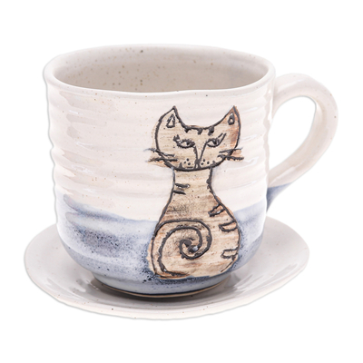 Taza y platillo de cerámica - Juego de Taza y Platillo de Cerámica Artesanal con Motivo de Gato