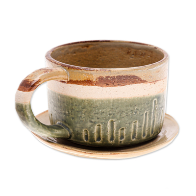 Taza y platillo de cerámica - Juego de taza y plato de cerámica marrón y verde de Tailandia