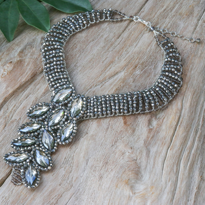Glass beaded waterfall choker necklace, 'Black Swan' - Waterfall Choker Necklace with Glass Beaded Design