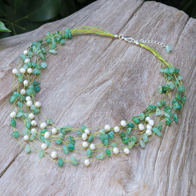 Aventurine and cultured pearl waterfall necklace, 'Cascade in Mint' - Handmade Aventurine and Cultured Pearl Waterfall Necklace