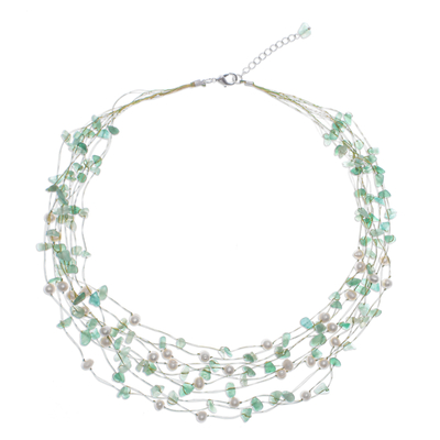 Aventurine and cultured pearl waterfall necklace, 'Cascade in Mint' - Handmade Aventurine and Cultured Pearl Waterfall Necklace