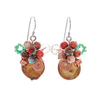 Cluster-Ohrringe aus Quarz und Zuchtperlen - Glasperlen-Cluster-Ohrringe mit Quarz und braunen Perlen