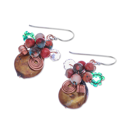 Quartz and cultured pearl beaded cluster earrings, 'Warm Bliss' - Glass Beaded Cluster Earrings with Quartz and Brown Pearls