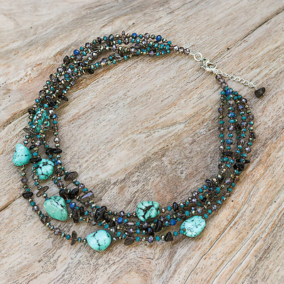 Howlite and smoky quartz waterfall necklace, 'Spectacular Blue' - Howlite Smoky Quartz and Glass Beaded Waterfall Necklace