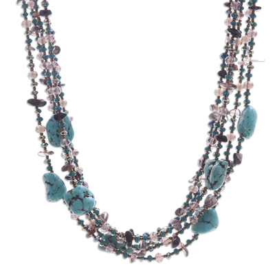 Howlite and smoky quartz waterfall necklace, 'Spectacular Blue' - Howlite Smoky Quartz and Glass Beaded Waterfall Necklace