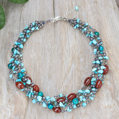 Multi-gemstone waterfall necklace, 'Sea Glam' - Blue and Red Multi-Gemstone Waterfall Necklace from Thailand