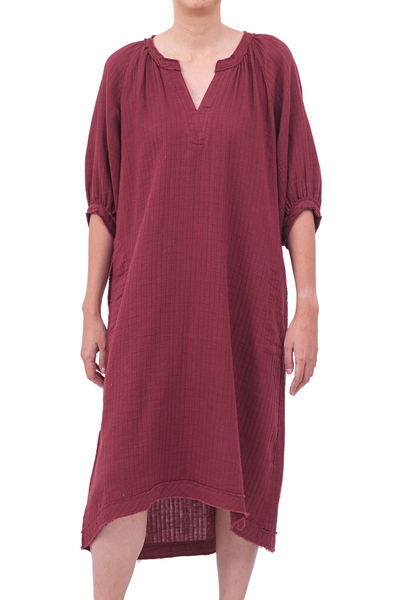 Tunic-Style Burgundy Cotton Dress from Thailand