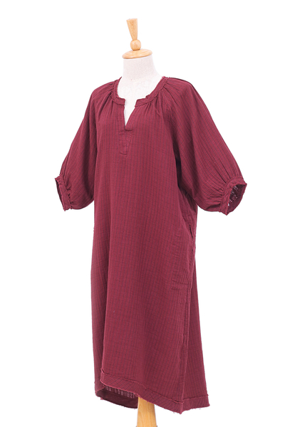 Vestido de algodón - Vestido estilo túnica de algodón burdeos de Tailandia