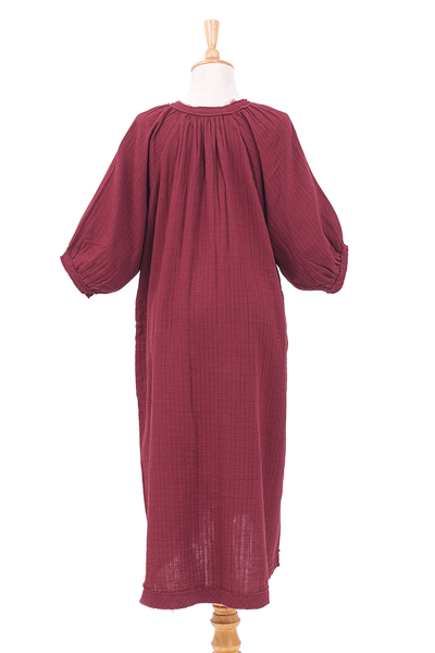 Baumwollkleid - Burgunderfarbenes Baumwollkleid im Tunika-Stil aus Thailand