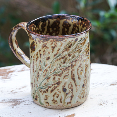 Ceramic mug, 'Forest Warmth' - Handcrafted Leafy Brown Ceramic Mug in a Rustic Finish