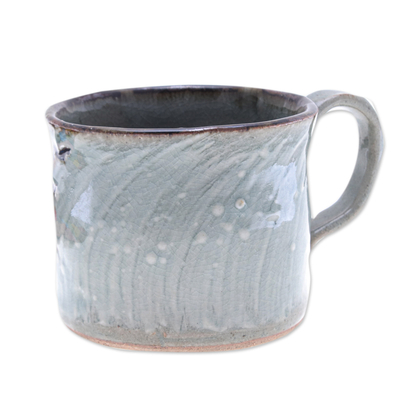 Taza de ceramica - Taza de cerámica azul frondosa hecha a mano con acabado craquelado