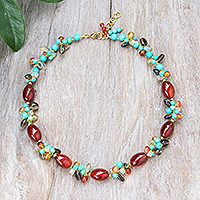 Gold-accented multi-gemstone beaded necklace, 'Autumn Honey' - Colorful Chalcedony Howlite and Smoky Quartz Beaded Necklace