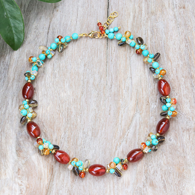 Gold-accented multi-gemstone beaded necklace, 'Autumn Honey' - colourful Chalcedony Howlite and Smoky Quartz Beaded Necklace