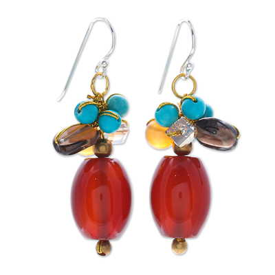 Multi-gemstone beaded dangle earrings, 'Autumn Honey' - Multi-Gemstone Beaded Dangle Earrings with 925 Silver Hooks