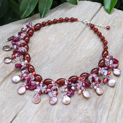 Multi-gemstone beaded waterfall necklace, 'Red Orchid' - Spectacular Multi-Gemstone Beaded Waterfall Necklace in Red