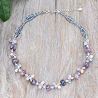 Multi-gemstone beaded necklace, 'Autumn Rose' - Delicate Rhodonite Cultured Pearl and Quartz Beaded Necklace