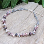 Multi-gemstone beaded necklace, 'Autumn Rose' - Delicate Rhodonite Cultured Pearl and Quartz Beaded Necklace