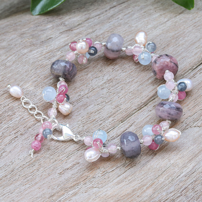 Multi-gemstone beaded bracelet, 'Autumn Rose' - Chic Rhodonite Cultured Pearl and Quartz Beaded Bracelet