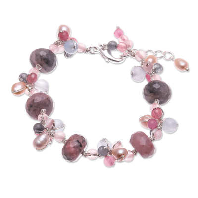 Multi-gemstone beaded bracelet, 'Autumn Rose' - Chic Rhodonite Cultured Pearl and Quartz Beaded Bracelet
