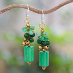 Quartz beaded dangle earrings, 'Green Touch' - Quartz and Brass Beaded Dangle Earrings with Silver Hooks