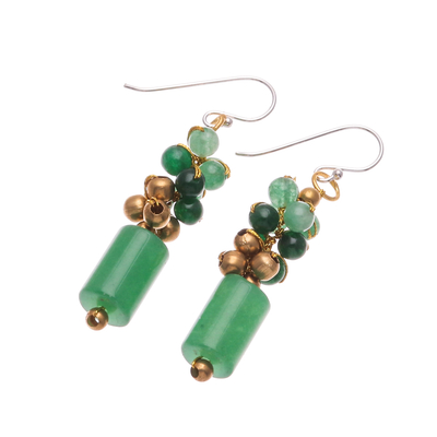 Quartz beaded dangle earrings, 'Green Touch' - Quartz and Brass Beaded Dangle Earrings with Silver Hooks