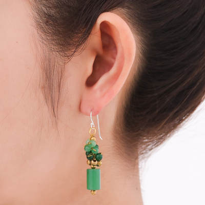 Quartz beaded dangle earrings, 'Green Touch' - Quartz and Brass Beaded Dangle Earrings with Silver Hooks