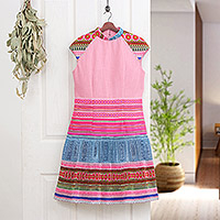 Cotton blend A-line dress, 'Blush Heirloom' - Hmong Hill Tribe-Inspired Blush Cotton Blend A-Line Dress