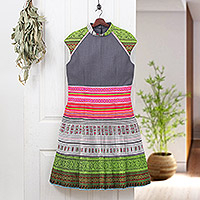 Cotton blend sheath dress, 'Grey Heirloom' - Hmong Hill Tribe-Inspired Cotton Blend Sheath Dress in Grey