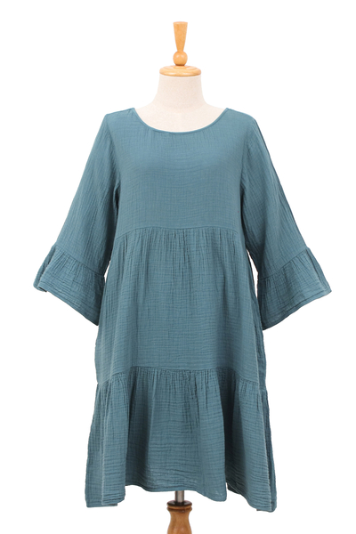 Vestido túnica de algodón - Vestido túnica de gasa doble de algodón en un tono verde azulado de Tailandia