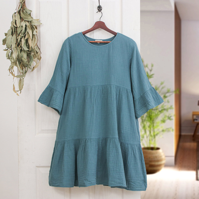 Cotton tunic dress, 'Teal Trends' - Double-Gauze Cotton Tunic Dress in a Teal Hue from Thailand