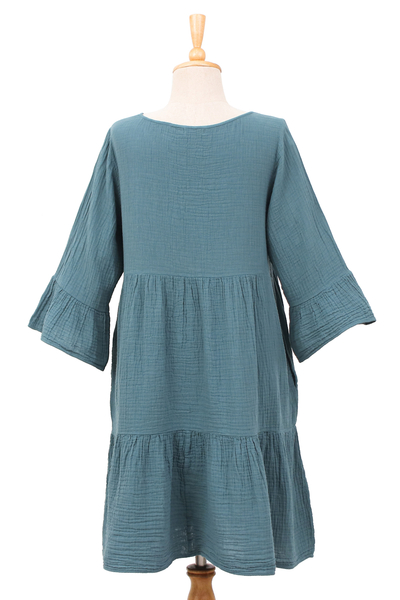 Vestido túnica de algodón - Vestido túnica de gasa doble de algodón en un tono verde azulado de Tailandia