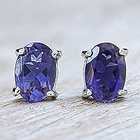 Iolite button earrings, 'Intuition Maiden'