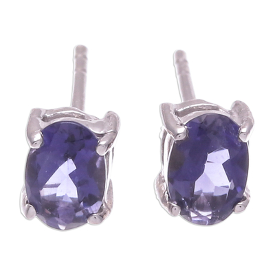 Iolite button earrings, 'Intuition Maiden' - Sterling Silver Button Earrings with Natural Iolite Gems