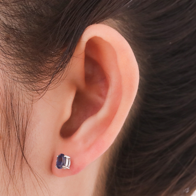 Iolite button earrings, 'Intuition Maiden' - Sterling Silver Button Earrings with Natural Iolite Gems