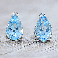 Pendientes colgantes de topacio azul, 'Bendición de lealtad' - Pendientes colgantes de plata esterlina con gemas de topacio azul pera