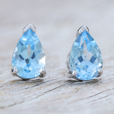 Blue topaz drop earrings, 'Loyalty Blessing' - Sterling Silver Drop Earrings with Pear Blue Topaz Gems