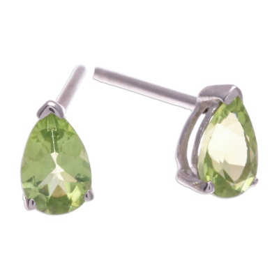 Peridot drop earrings, 'Fortune Blessing' - Sterling Silver Drop Earrings with Pear-Shaped Peridot Gems